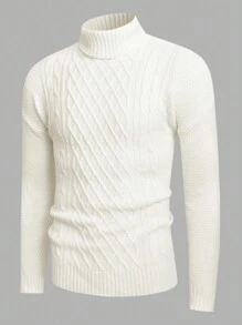Manfinity VCAY Men Turtleneck Cable Knit Drop Shoulder Sweater, For Fall Winter - Beige - View 5