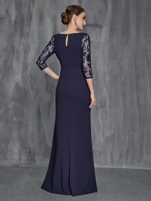 Contrast Lace Split Thigh Mother of the Bride Dress - Navy Blue - View 2