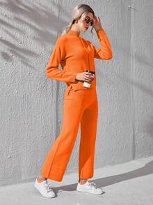 SHEIN Essnce Mock Neck Seam Front Drop Shoulder Sweater & Knit Pants - Orange - View 5
