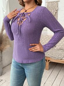 Flirla Plus Size Women Solid Color Tie Collar Long Sleeve Ribbed Casual T-Shirt, Autumn - Purple - View 4