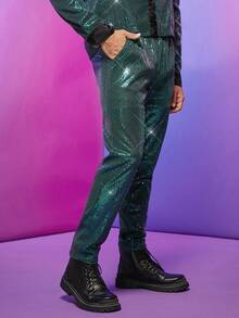 FeverCity Men Slant Pocket Sequin Pants - Green - View 4