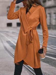 SHEIN Clasi Shawl Collar Wrap Knot Side Faux Suede Dress Fall Cloth For Women - Coffee - View 6