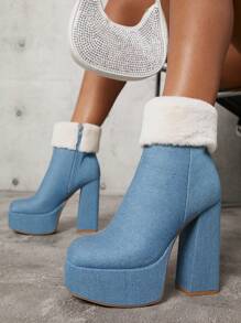 SHUZIA Fuzzy Cuff Zip Up Block Heel Booties - Blue - View 5