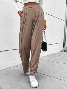 SHEIN LUNE High Waist Plicated Detail Wide Leg Pants - Khaki - View 3