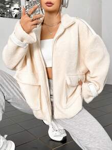 SHEIN Unity Regular Solid Color Wide Pocket Loose Plush Jacket - Beige - View 3