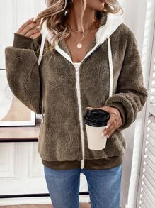 SHEIN LUNE Thả vai Dây rút áo có mũ Flannelette Áo khoác - Màu xám đen - Xem 3