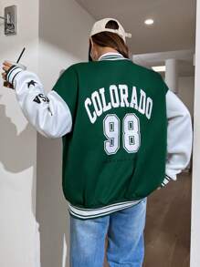 StreetHx Star & Letter Graphic Two Tone Drop Shoulder Varsity Jacket Fall Winter Cloth For Women - Multicolor - View 2