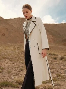 MOTF PREMIUM BELTED WOOL-BLEND CONTRAST STITCH COAT - Beige - View 10