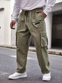 Manfinity Homme Men Plus Flap Pocket Side Drawstring Waist Cargo Pants - Army Green - View 4
