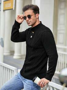 Manfinity Homme Hombres Jersey tejido de cable botón cuarto - Negro - Ver 3