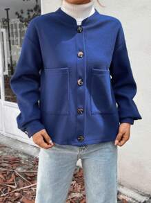 SHEIN Unity 落肩袖雙口袋前紐扣花呢外套 - 藏蓝色 - 查看 6