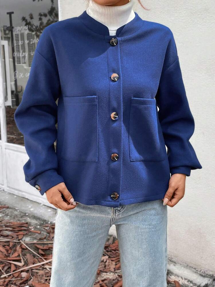 Drop Shoulder Dual Pocket Button Front Overcoat Fall Cloth For Women