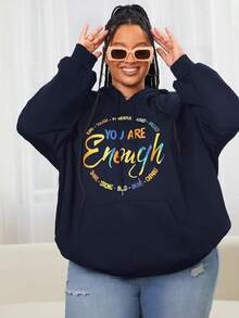 SHEIN CURVE+ 加大码字母图案袋鼠口袋落肩抽绳卫衣 - 藏蓝色 - 查看 5