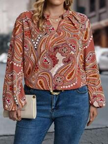 SHEIN Franclia Hơn In hoa Paisley Tay áo lồng đèn Áo sơ mi - Đỏ - Xem 3