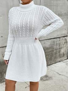 Flirla Plus Turtleneck Cable Knit Sweater Dress - White - View 3