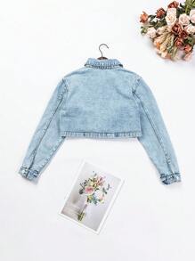 少女雙口袋單排扣短款牛仔外套 - 淺色水洗藍 - 查看 2