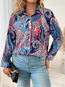 SHEIN Franclia Hơn In hoa Paisley Nút phía trước Áo sơ mi - Màu xanh hải quân - Xem 1