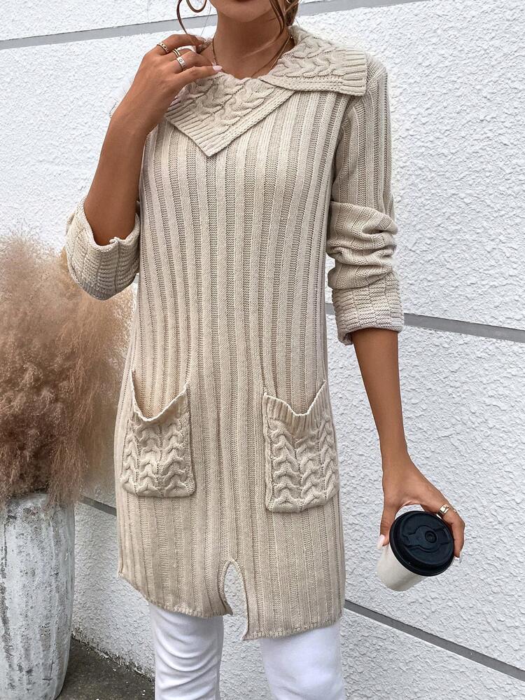 Dual Pocket Split Hem Knit Pullover Fall Winter Sweater