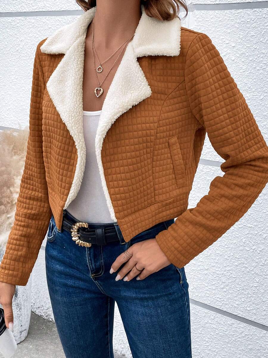 SHEIN LUNE Cổ áo Lót Teddy Áo Jacket Crop - Cà phê nâu - Xem 1