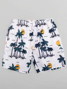 ROMWE MEN Street Life Men Tropical Palm Tree Print Shorts, School - Multicolor - View 1