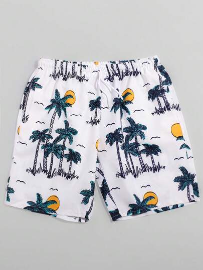 Street Life Pantalones cortos con estampado de palmeras tropicales para hombres, escuela