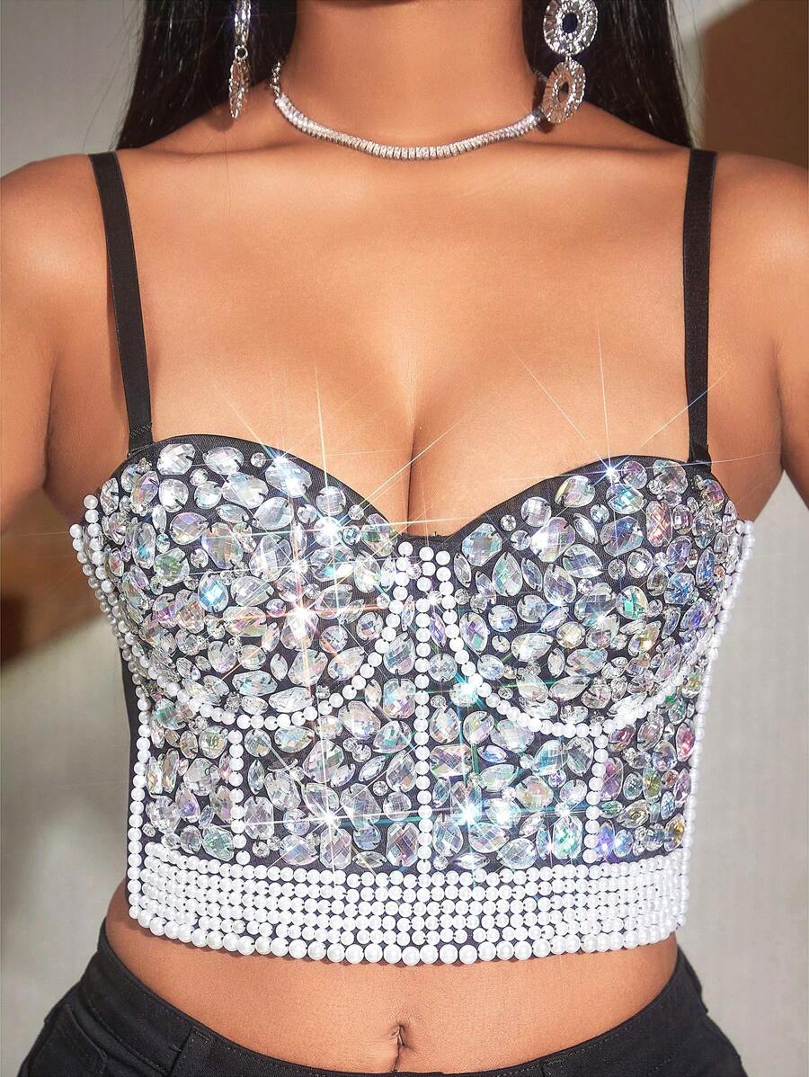 狂歡節日彩色水鑽珍珠串珠俱樂部緊身上衣吊帶短上衣緊身胸衣 - 黑色 - 查看 1