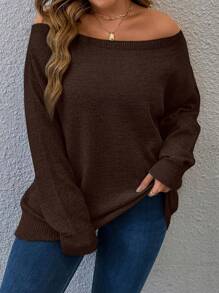 Calvaya Plus Off Shoulder Batwing Sleeve Sweater Knit Pullover Fall Winter Sweater - Brown - View 1
