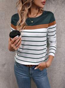 EMERY ROSE Striped Print Colorblock Tee Graphic Tees Women Tops Fall Cloth For Women - Dark Green - View 4