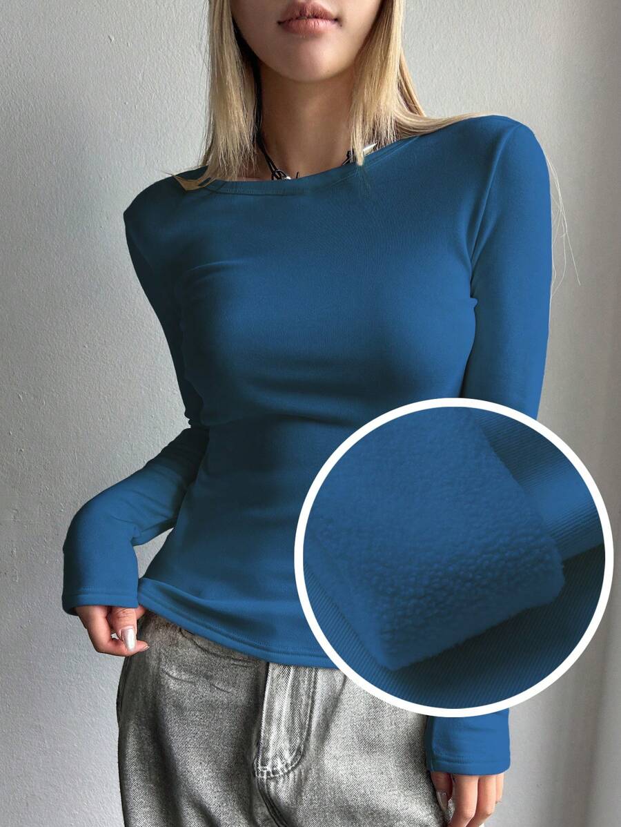 DAZY 纯色圆领修身长袖T恤女式上衣，带保暖内衬 - 藍色 - 查看 1