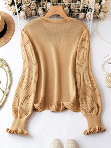 SHEIN LUNE Plus Solid Frill Trim Sweater Knit Pullover Fall Winter Sweater - Khaki - View 2