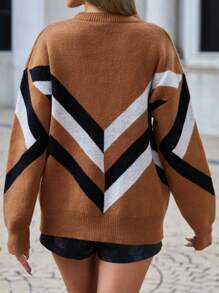 SHEIN LUNE Mô hình Chevron Thả vai Áo len - Màu Khaki - Xem 2