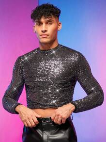 FeverCity 男士小高領亮片T恤 - 黑色 - 查看 5