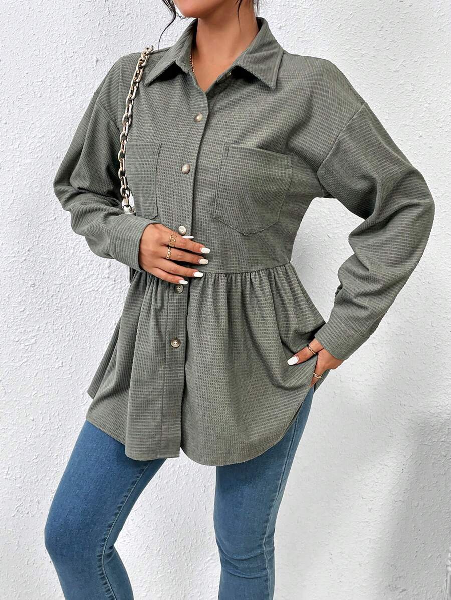 Chiquease Drop Shoulder Peplum Hem Coat - Dark Green - View 1