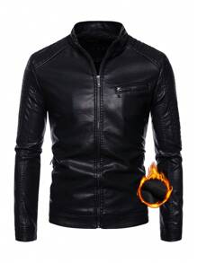 Men Long Sleeve Zip Up PU Leather Thermal Lined Jacket, Grunge, Fall/Winter - Black - View 3