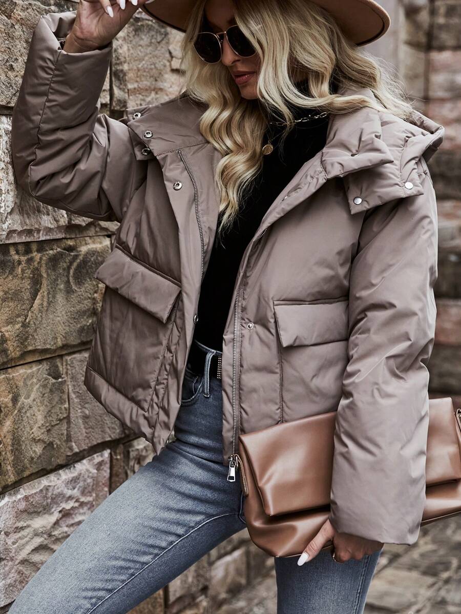 SHEIN LUNE Abrigo con bolsillo con solapa de hombros caídos con capucha - Gris - Ver 1