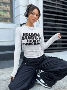 SHEIN Coolane Slogan Graphic Ruched Side Tee - White - View 1