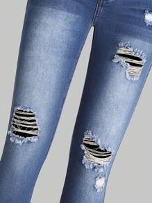 SHEIN Explorewe 少女新款破洞牛仔褲 - 深色水洗藍 - 查看 5