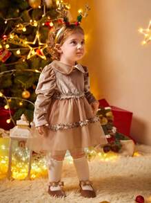 蕾絲拼接 網拼接 多層分層純色嬰童（女）洋裝