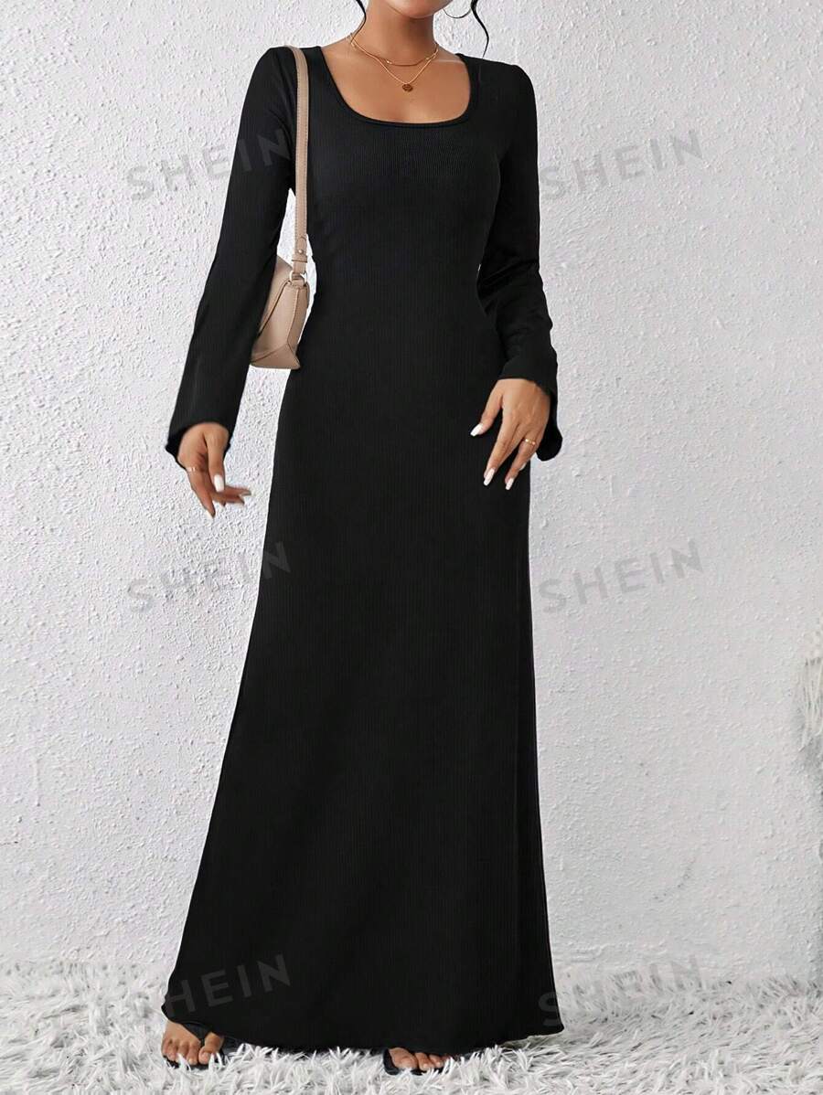 SHEIN LUNE LUNE Rochie elegantă, cu talie înăuntru, decolteu pătrat, cu mâneci lungi, model Relaxiva, rochie lungă, mulată, maxi, stil boem/de festival. Potrivită pentru întâlniri, serviciu, vacanță, ținute casual, stil/festival/festival de muzică/rochie Derby/Ziua Tuturor Sfinților/rochie lungă de bal/rochii africane pentru femei - Negru - Vizualizare 1