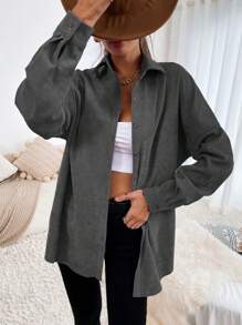 SHEIN Essnce 素色前紐扣燈芯絨襯衫 - 灰色 - 查看 4