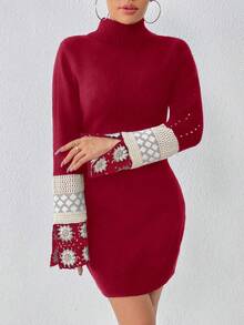 SHEIN Essnce Mẫu Geo Áo cao cổ tay áo lá sen Đầm Áo len - Màu Đỏ Sâu - Xem 6