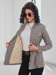 EURMUSE Drawstring Waist Fuzzy Trim Hooded Overcoat - Mocha Brown - View 5
