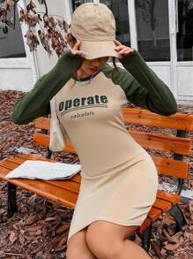 Flirla Letter Graphic Contrast Raglan Sleeve Bodycon Dress - Multicolor - View 5