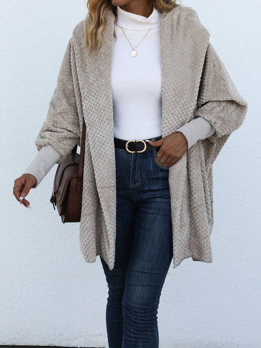 EMERY ROSE Abrigo de cuello cascada de manga murciélago con parte delantera abierta de peluche - Camel - Ver 1