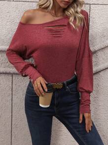 SHEIN LUNE Cut Out Asymmetrical Neck Batwing Sleeve Tee - Red - View 3