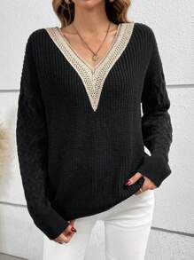 SHEIN LUNE Guipure Ren tương phản Thả vai Áo len - màu đen - Xem 4