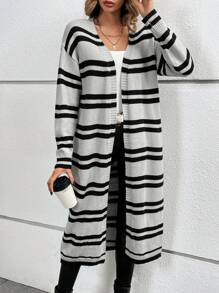 SHEIN Clasi Striped Pattern Drop Shoulder Duster Cardigan - Grey - View 6