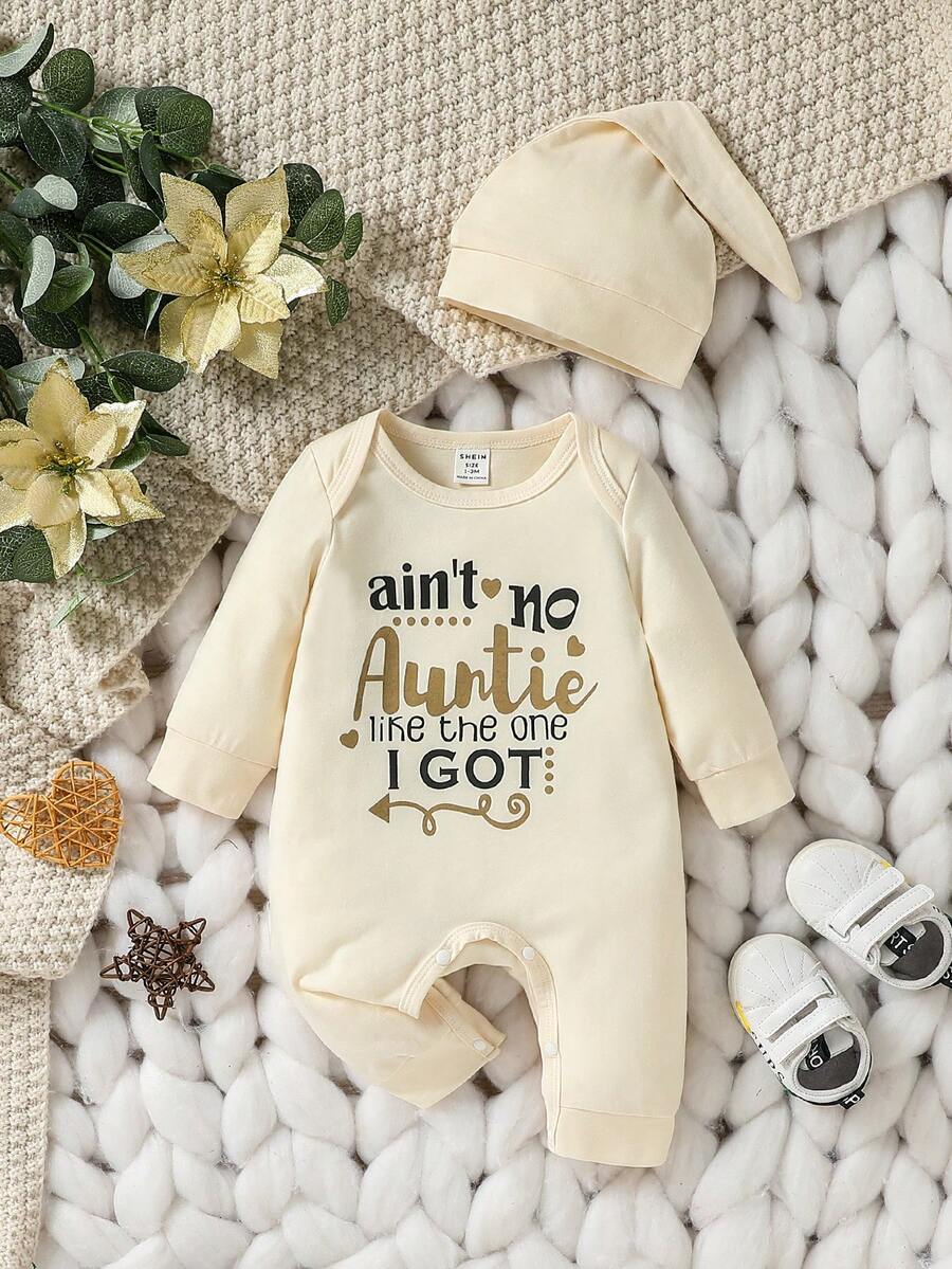 母嬰裝男寶寶標語圖案爬衣與帽子