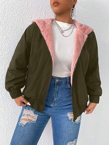 Calvaya Plus Teddy Lined Hooded Jacket - Army Green - View 3