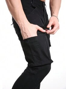 Tegias男裝修身彈力牛仔褲經典牛仔工作褲帶口袋休閒長褲 - 黑色 - 查看 4